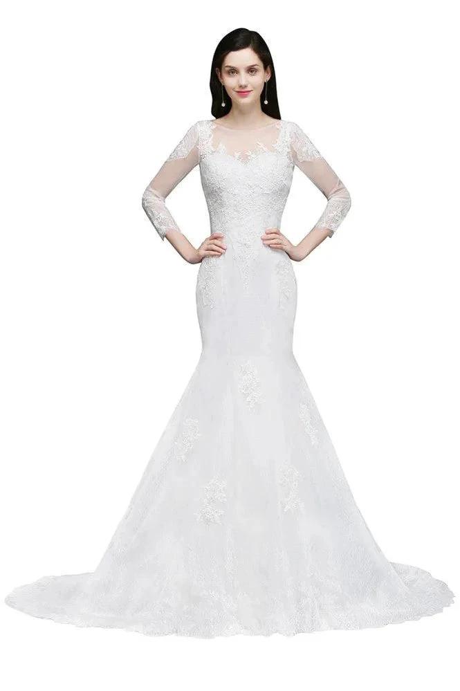 White Lace Mermaid Jewel Wedding Dress by misshow.com