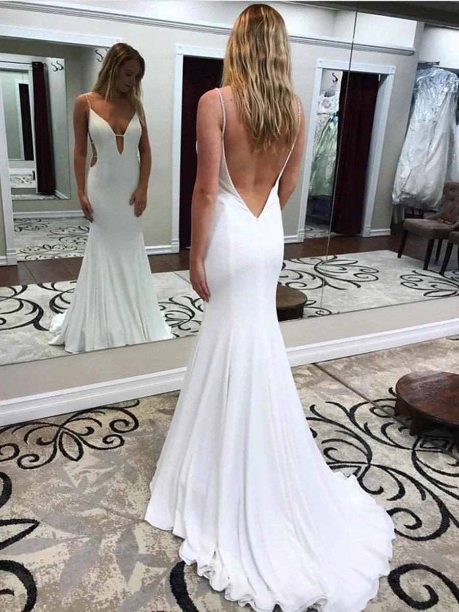 White Lomg Mermaid V Neck Backless Wedding Dresses with Sweep Train by BIZTUNNEL