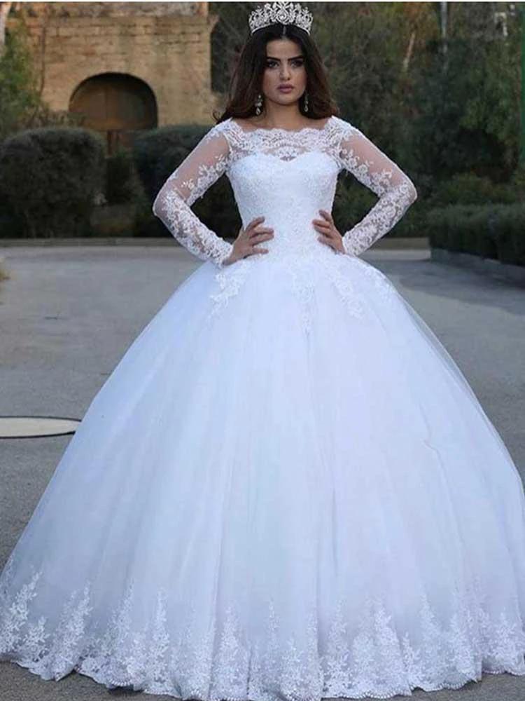 White Long A-line Lace Appliques Tulle Wedding Dresses with Sleeves by BIZTUNNEL