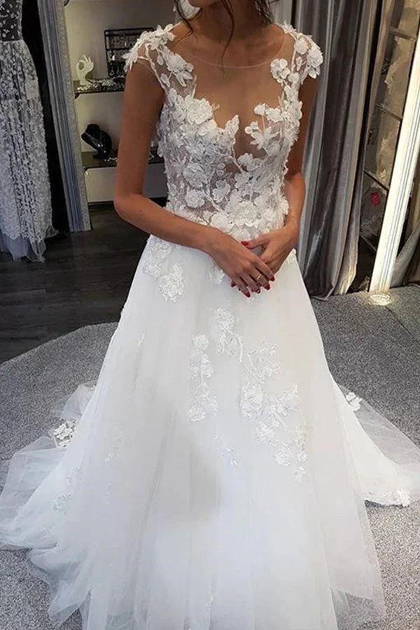 White Long A-line Tulle Lace Appiliques Wedding Dresses by BIZTUNNEL