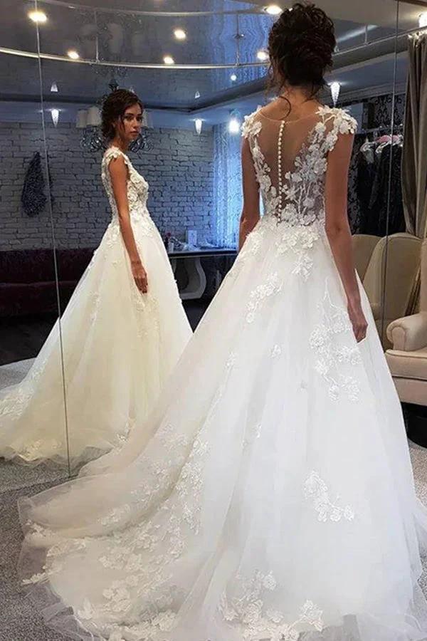 White Long A-line Tulle Lace Appiliques Wedding Dresses by BIZTUNNEL