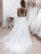 White Long A-line V Neck Backless Lace Appliques Wedding Dresses by BIZTUNNEL