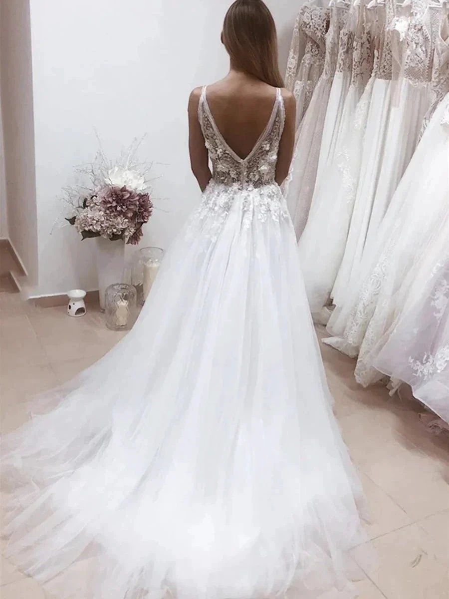 White Long A-line V Neck Backless Lace Appliques Wedding Dresses by BIZTUNNEL