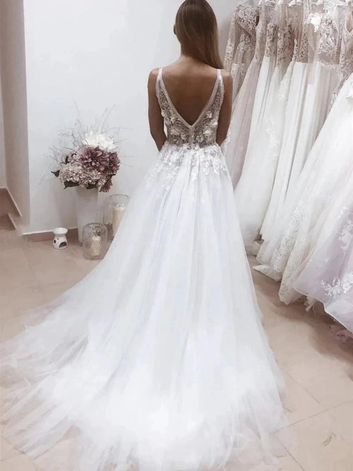 White Long A-line V Neck Backless Lace Appliques Wedding Dresses by BIZTUNNEL