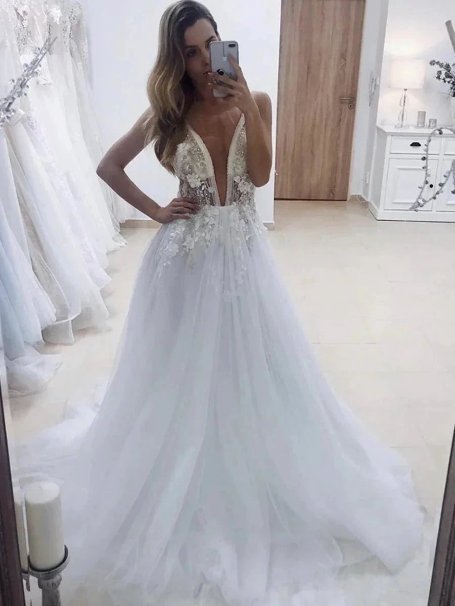 White Long A-line V Neck Backless Lace Appliques Wedding Dresses by BIZTUNNEL