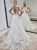 White Long A Line V Neck Backless Tulle Lace Wedding Dresses by BIZTUNNEL