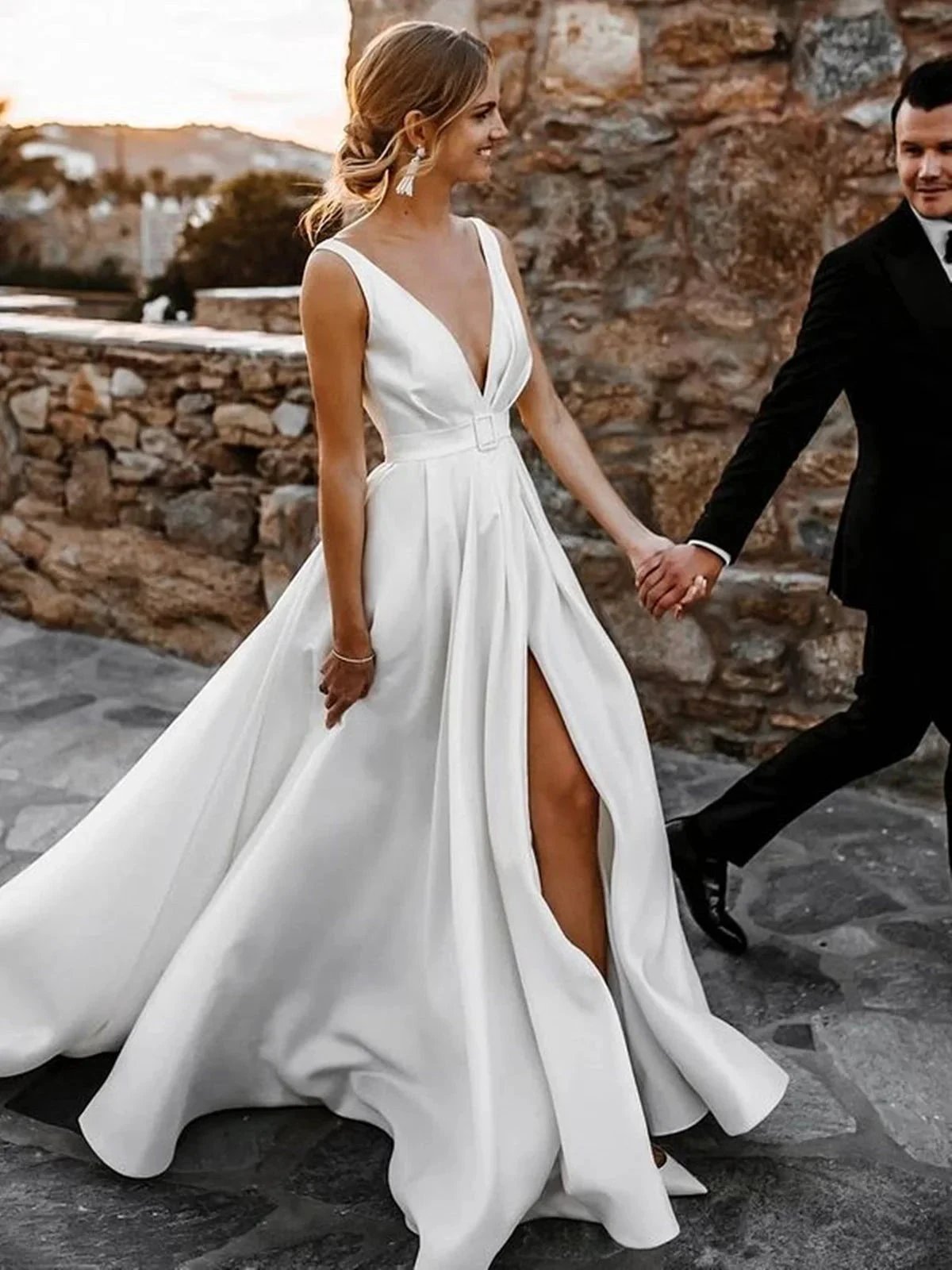 White Long A-line V-neck Satin Backless Wedding Dresses with Slit by BIZTUNNEL