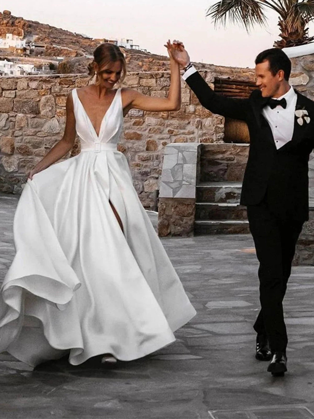 White Long A-line V-neck Satin Backless Wedding Dresses with Slit by BIZTUNNEL