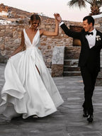 White Long A-line V-neck Satin Backless Wedding Dresses with Slit by BIZTUNNEL