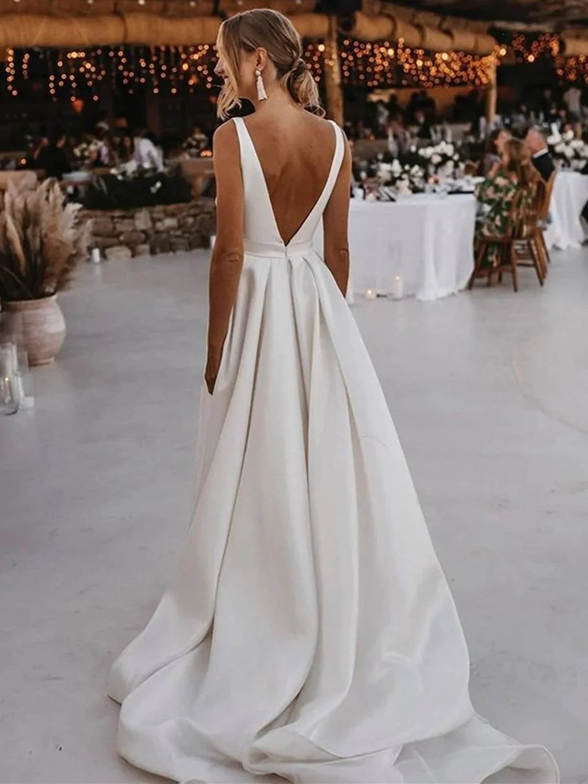 White Long A-line V-neck Satin Backless Wedding Dresses with Slit by BIZTUNNEL