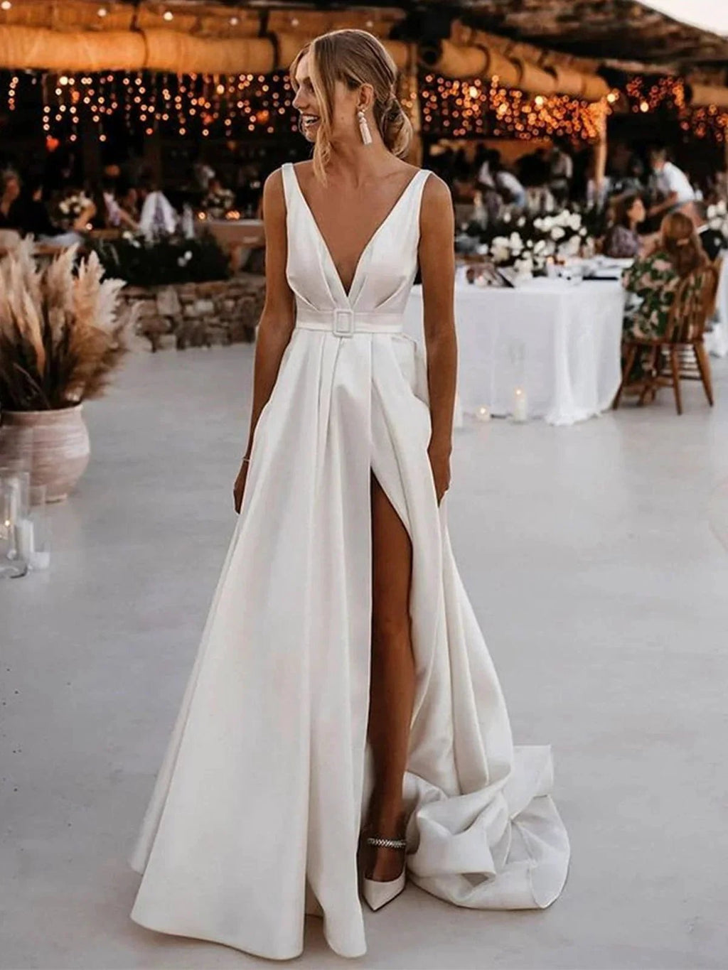 White Long A-line V-neck Satin Backless Wedding Dresses with Slit by BIZTUNNEL