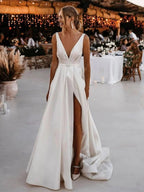White Long A-line V-neck Satin Backless Wedding Dresses with Slit by BIZTUNNEL