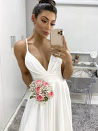 White Long A Line V Neck Spaghetti Straps Backless Formal Graduation Prom Dresses by BIZTUNNEL