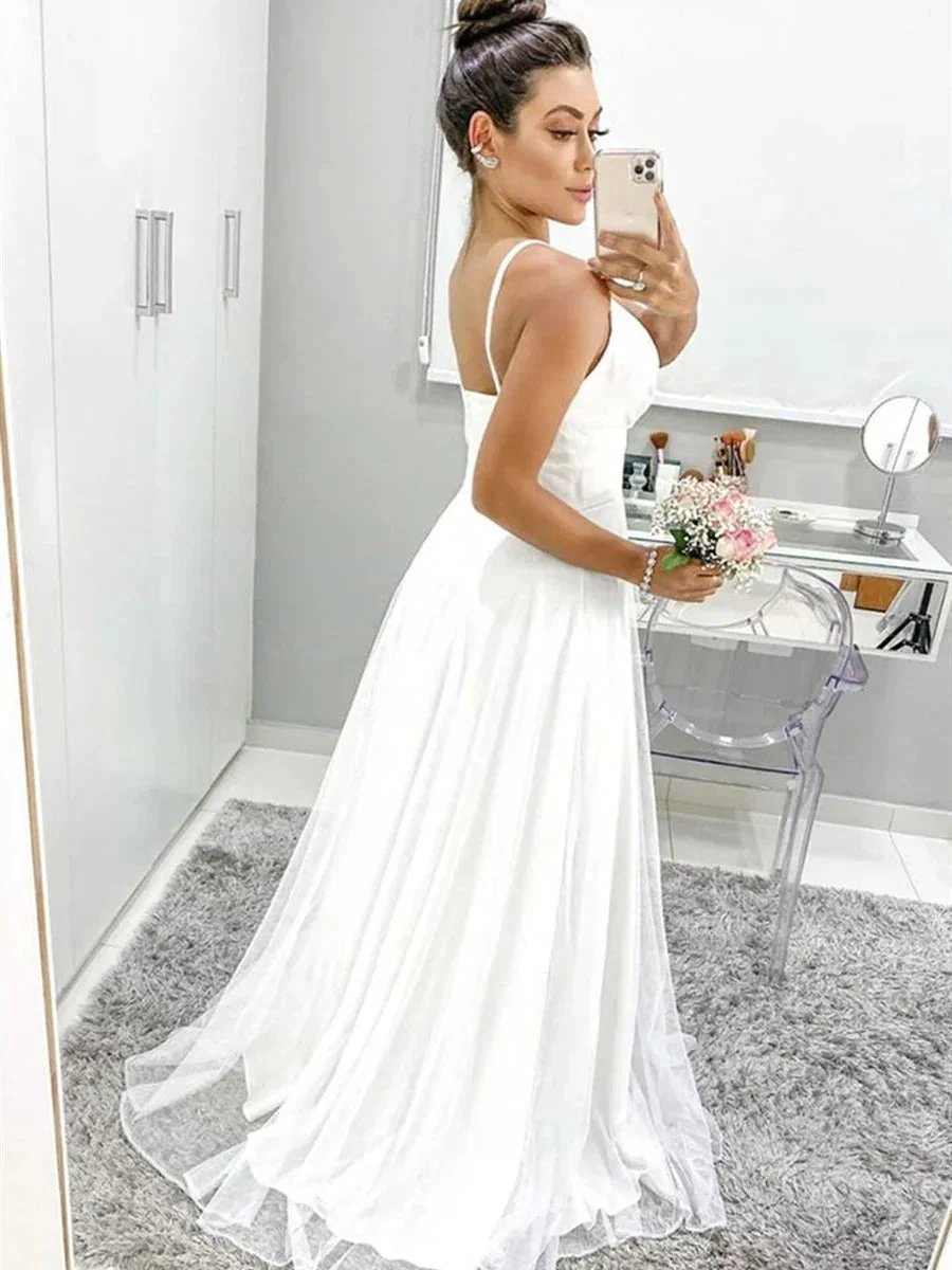 White Long A Line V Neck Spaghetti Straps Backless Formal Graduation Prom Dresses by BIZTUNNEL