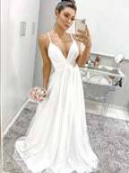 White Long A Line V Neck Spaghetti Straps Backless Formal Graduation Prom Dresses by BIZTUNNEL
