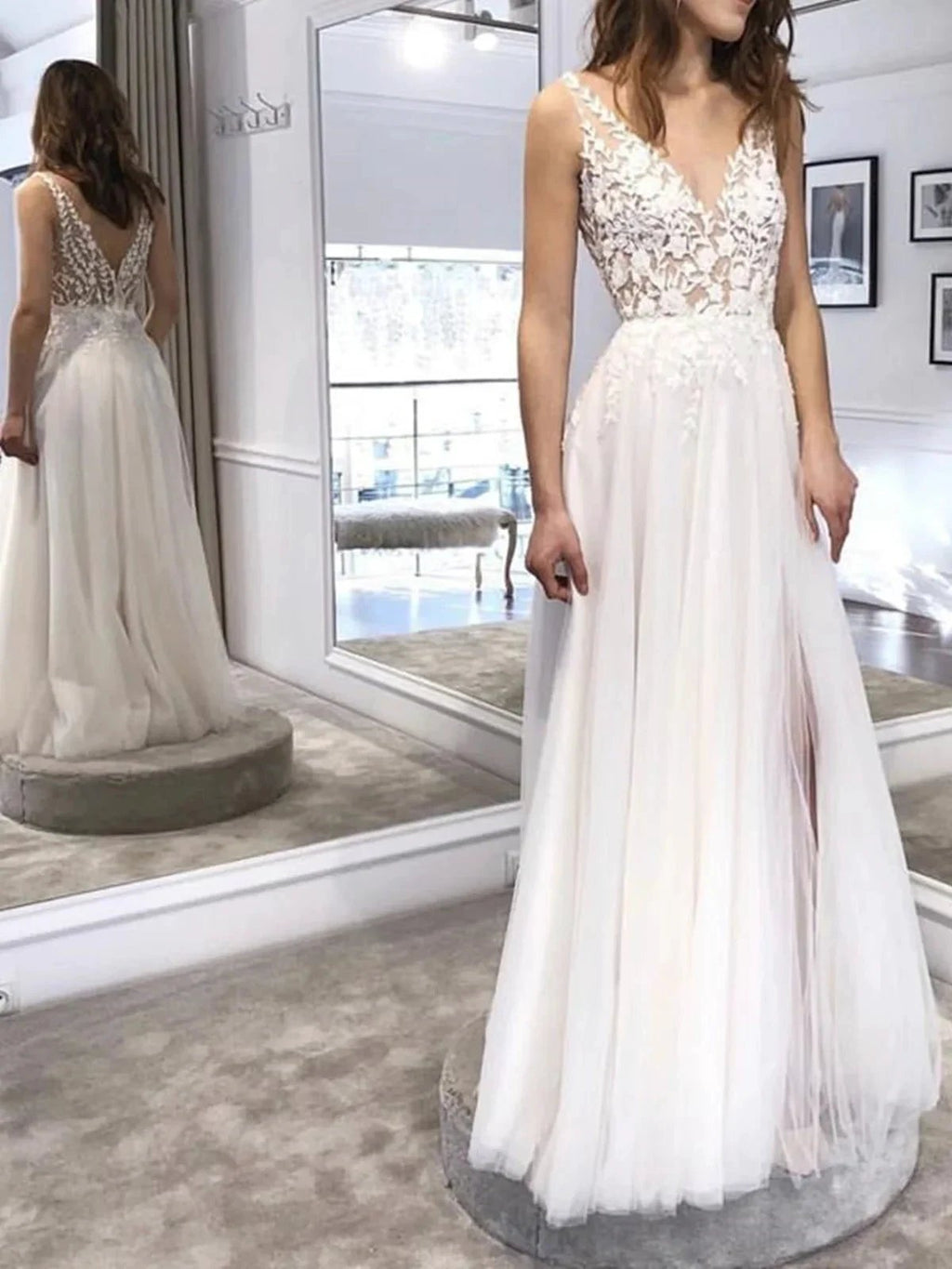 White Long A Line V Neck Tulle Backless Lace Prom Dress with Slit by BIZTUNNEL