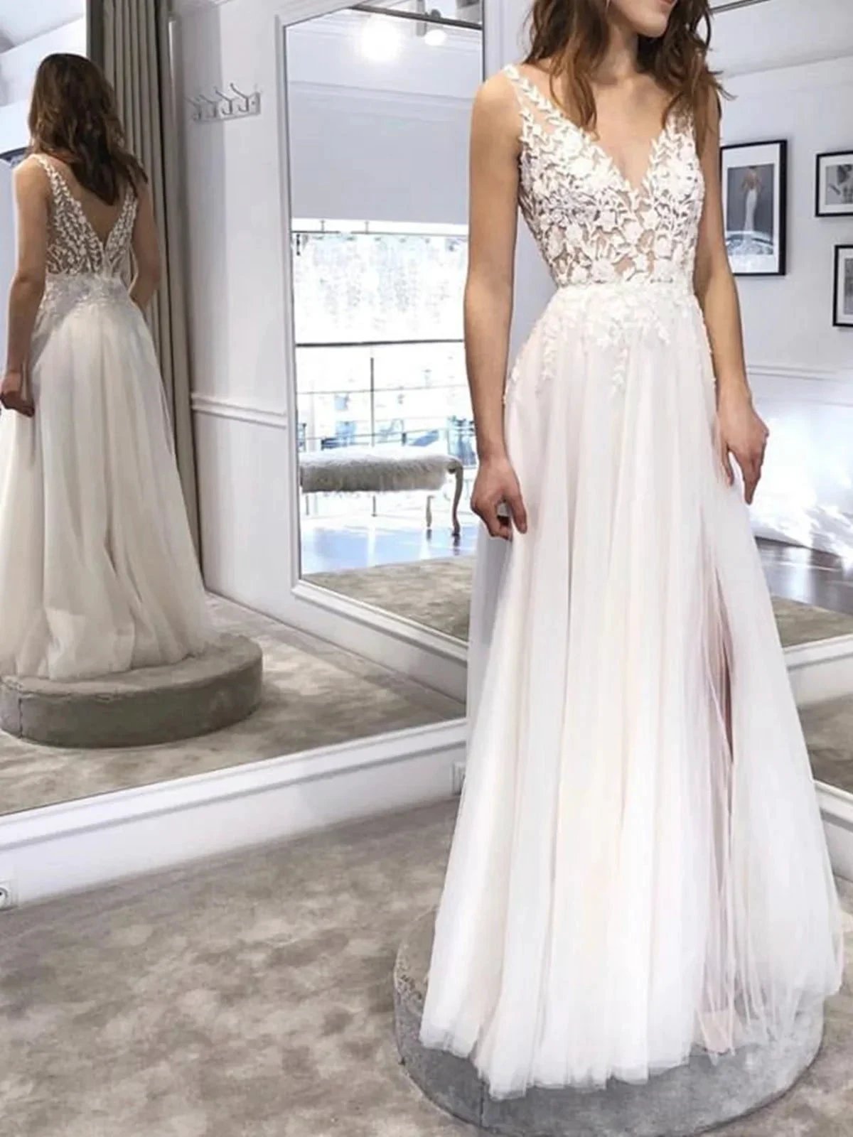 White Long A Line V Neck Tulle Backless Lace Prom Dress with Slit by BIZTUNNEL