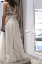 White Long A Line V Neck Tulle Backless Lace Prom Dress with Slit by BIZTUNNEL