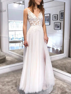 White Long A Line V Neck Tulle Backless Lace Prom Dress with Slit by BIZTUNNEL