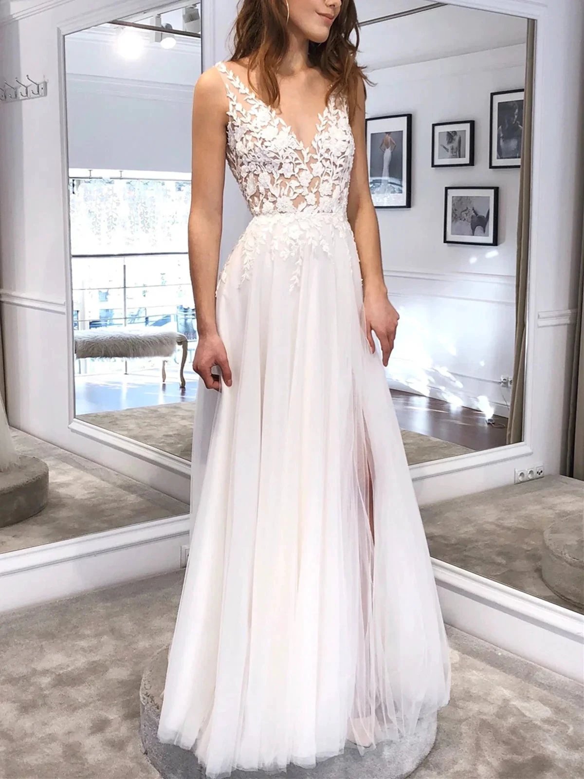 White Long A Line V Neck Tulle Backless Lace Prom Dress with Slit by BIZTUNNEL