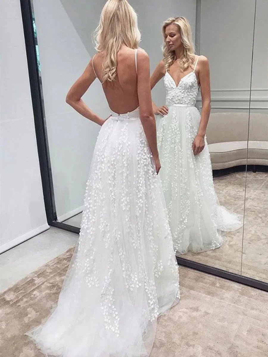 White Long A-line V-neck Tulle Lace Backless Wedding Dresses by BIZTUNNEL