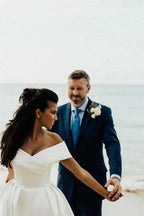 White Long Ball Gown Off The Shoulder Satin Wedding Dress by BIZTUNNEL