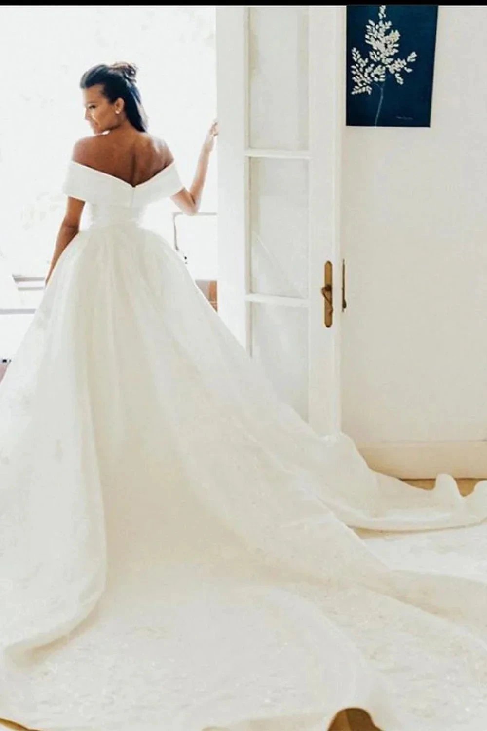 White Long Ball Gown Off The Shoulder Satin Wedding Dress by BIZTUNNEL