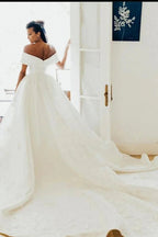 White Long Ball Gown Off The Shoulder Satin Wedding Dress by BIZTUNNEL