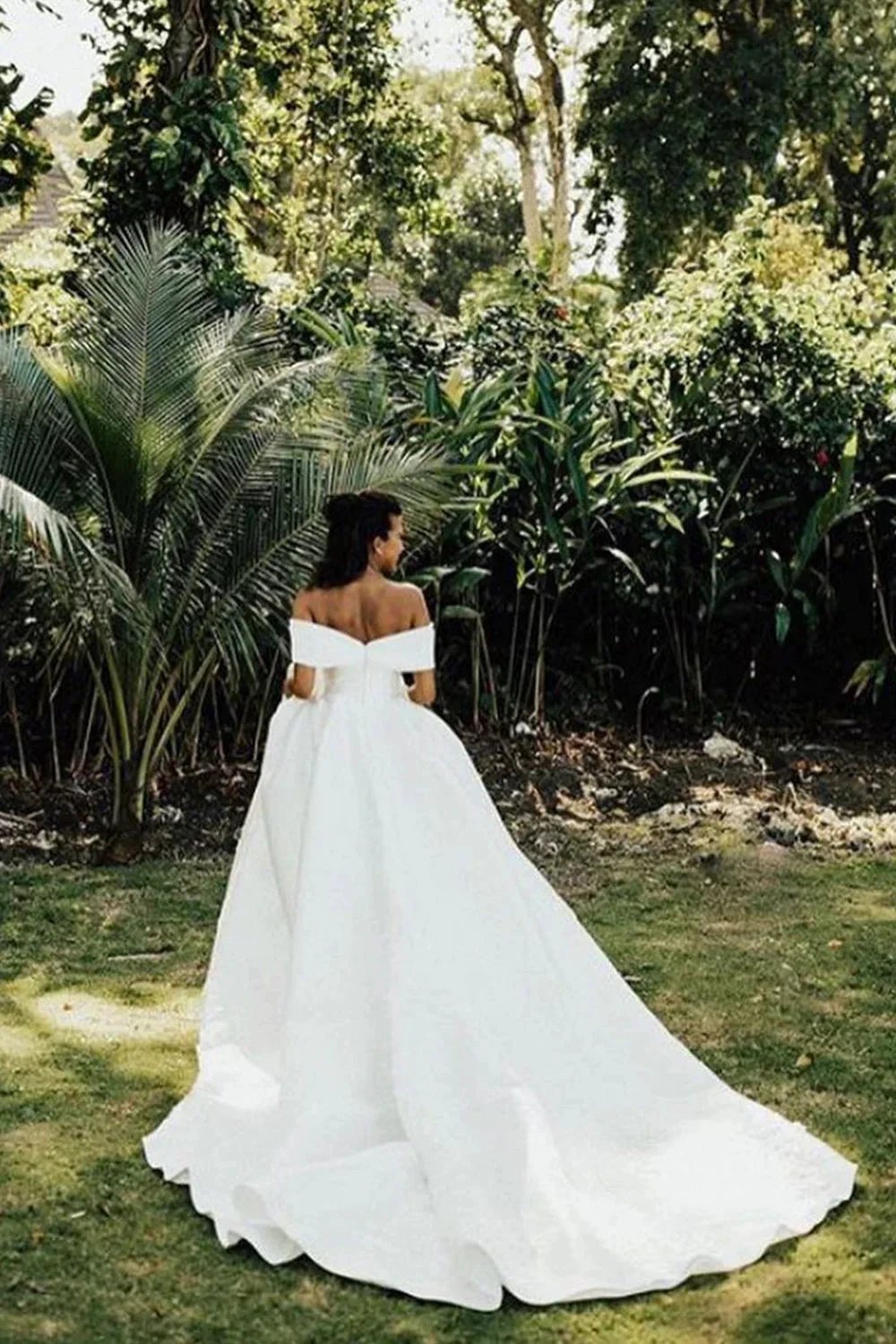 White Long Ball Gown Off The Shoulder Satin Wedding Dress by BIZTUNNEL