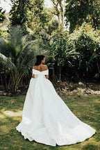 White Long Ball Gown Off The Shoulder Satin Wedding Dress by BIZTUNNEL