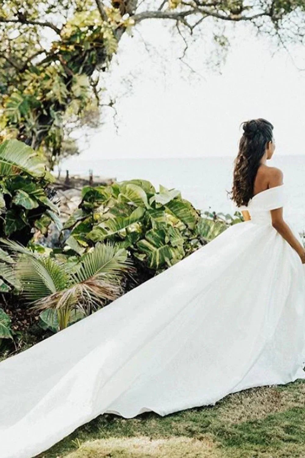 White Long Ball Gown Off The Shoulder Satin Wedding Dress by BIZTUNNEL