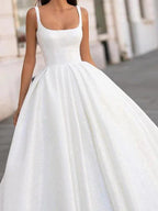 White Long Ball Gown Scoop Neck Court Train Satin Wedding Dresses by BIZTUNNEL