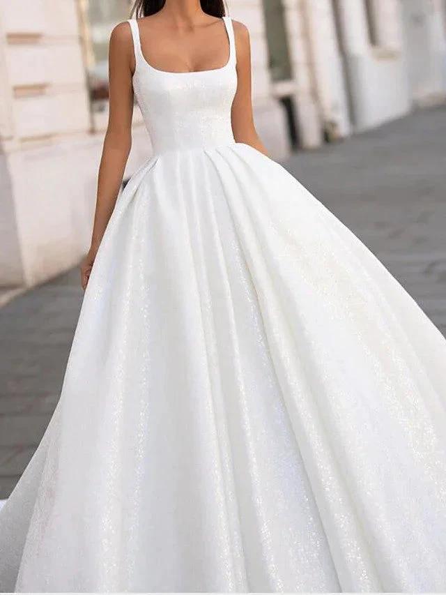 White Long Ball Gown Scoop Neck Court Train Satin Wedding Dresses by BIZTUNNEL