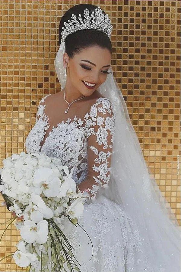 White Long Mermaid Lace Wedding Dresses with Sleeves by BIZTUNNEL