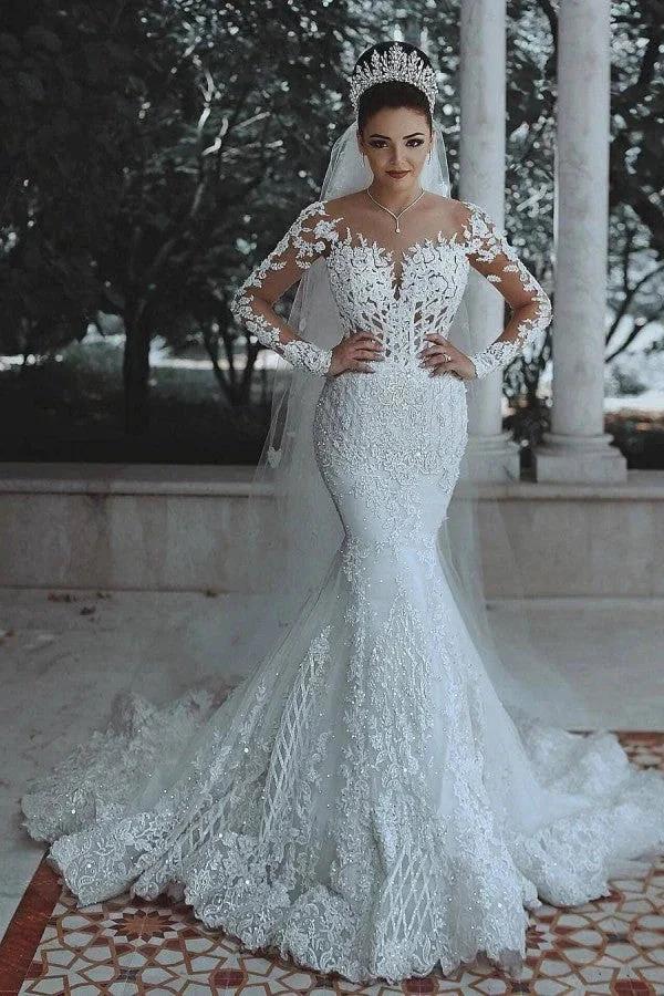 White Long Mermaid Lace Wedding Dresses with Sleeves by BIZTUNNEL
