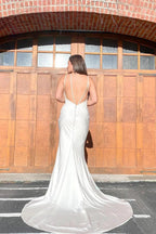 White Long Mermaid Spaghetti Straps Sweetheart Open Back Satin Wedding Dress by BIZTUNNEL