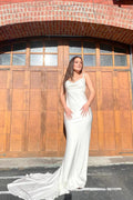 White Long Mermaid Spaghetti Straps Sweetheart Open Back Satin Wedding Dress by BIZTUNNEL