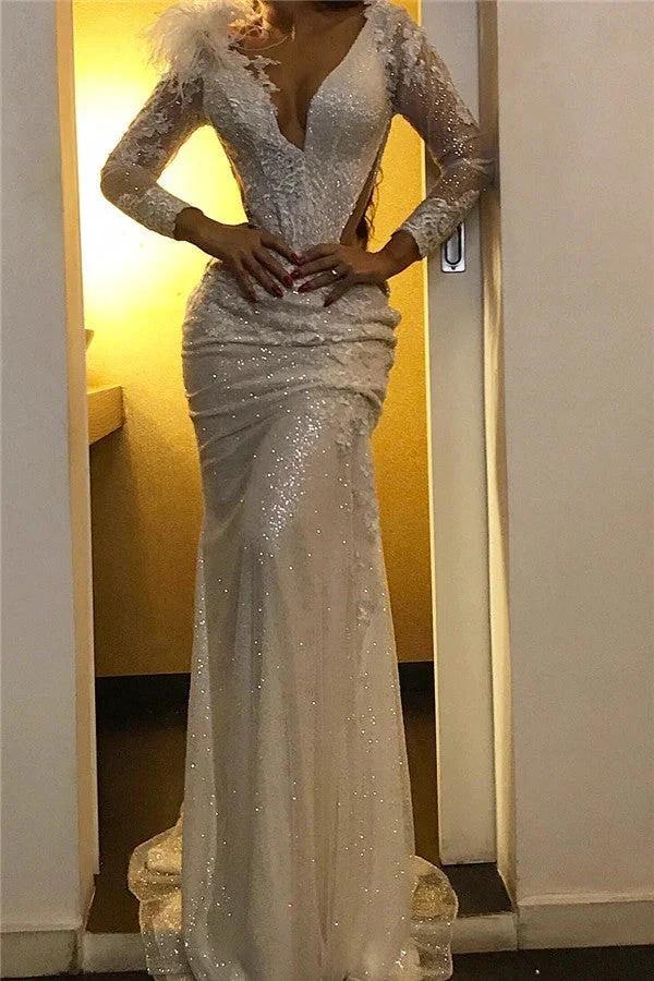 White Long Mermaid V-neck Sequined Evening Dress with Sleeves by BIZTUNNEL