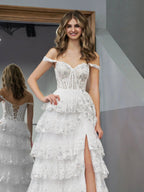 White Princess A Line Off the Shoulder White Corset Prom Dress with Lace Ruffles by KissProm