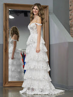 White Princess A Line Off the Shoulder White Corset Prom Dress with Lace Ruffles by KissProm