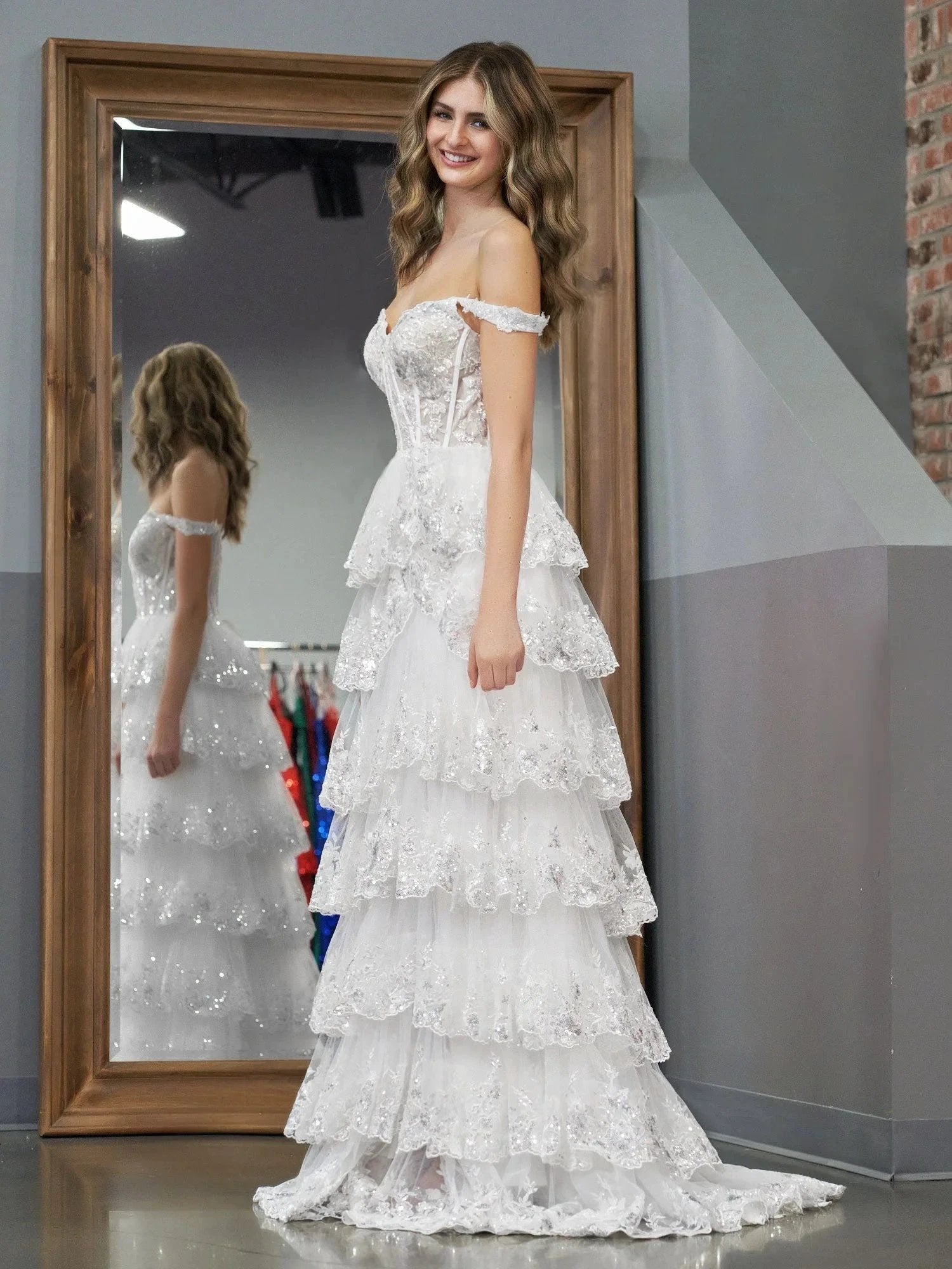 White Princess A Line Off the Shoulder White Corset Prom Dress with Lace Ruffles by KissProm