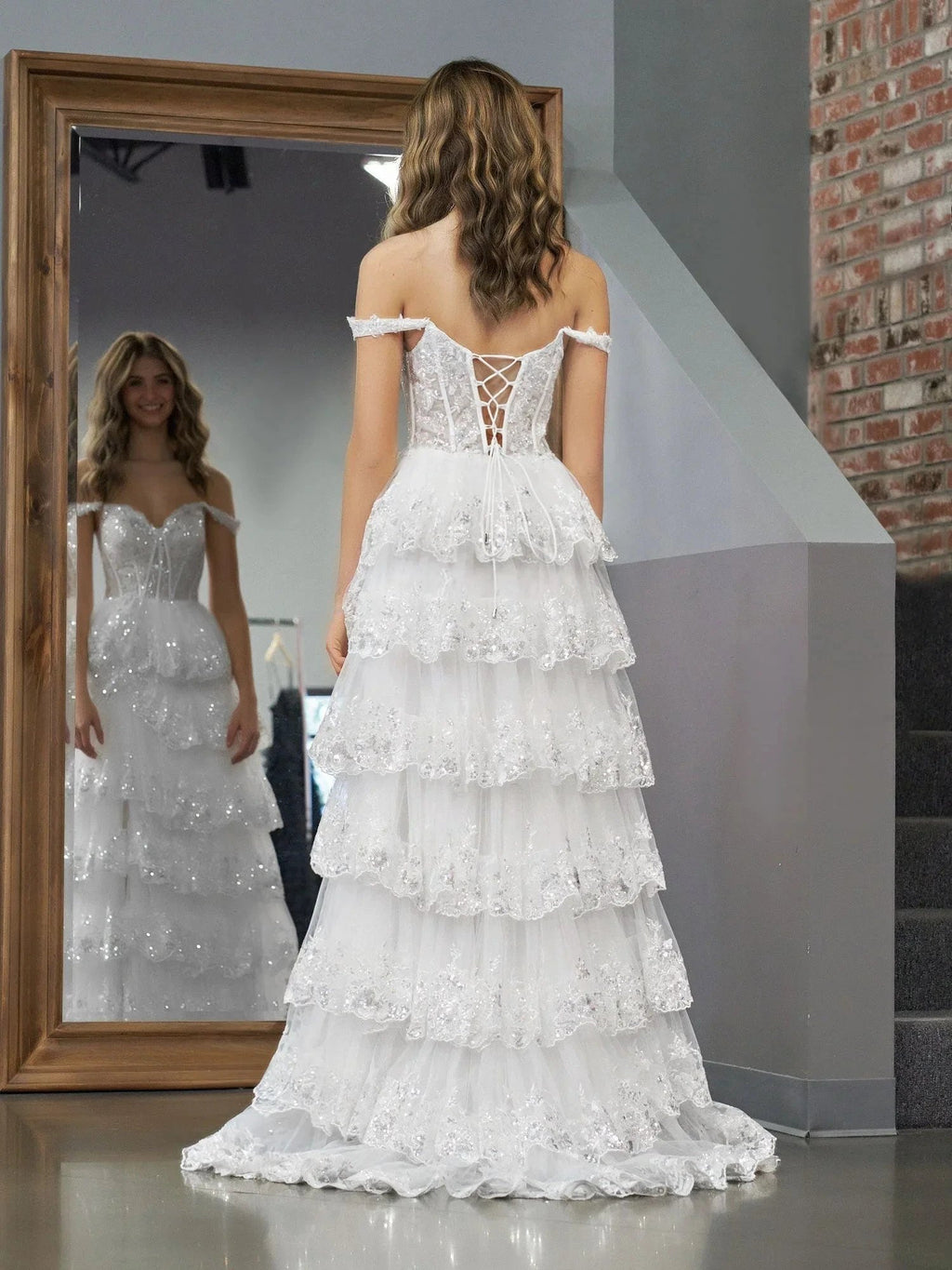 White Princess A Line Off the Shoulder White Corset Prom Dress with Lace Ruffles by KissProm