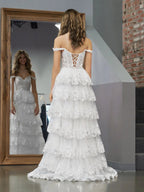 White Princess A Line Off the Shoulder White Corset Prom Dress with Lace Ruffles by KissProm