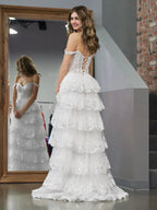 White Princess A Line Off the Shoulder White Corset Prom Dress with Lace Ruffles by KissProm