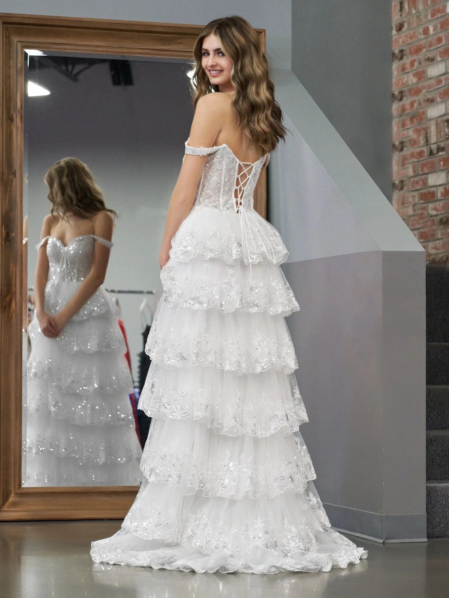 White Princess A Line Off the Shoulder White Corset Prom Dress with Lace Ruffles by KissProm