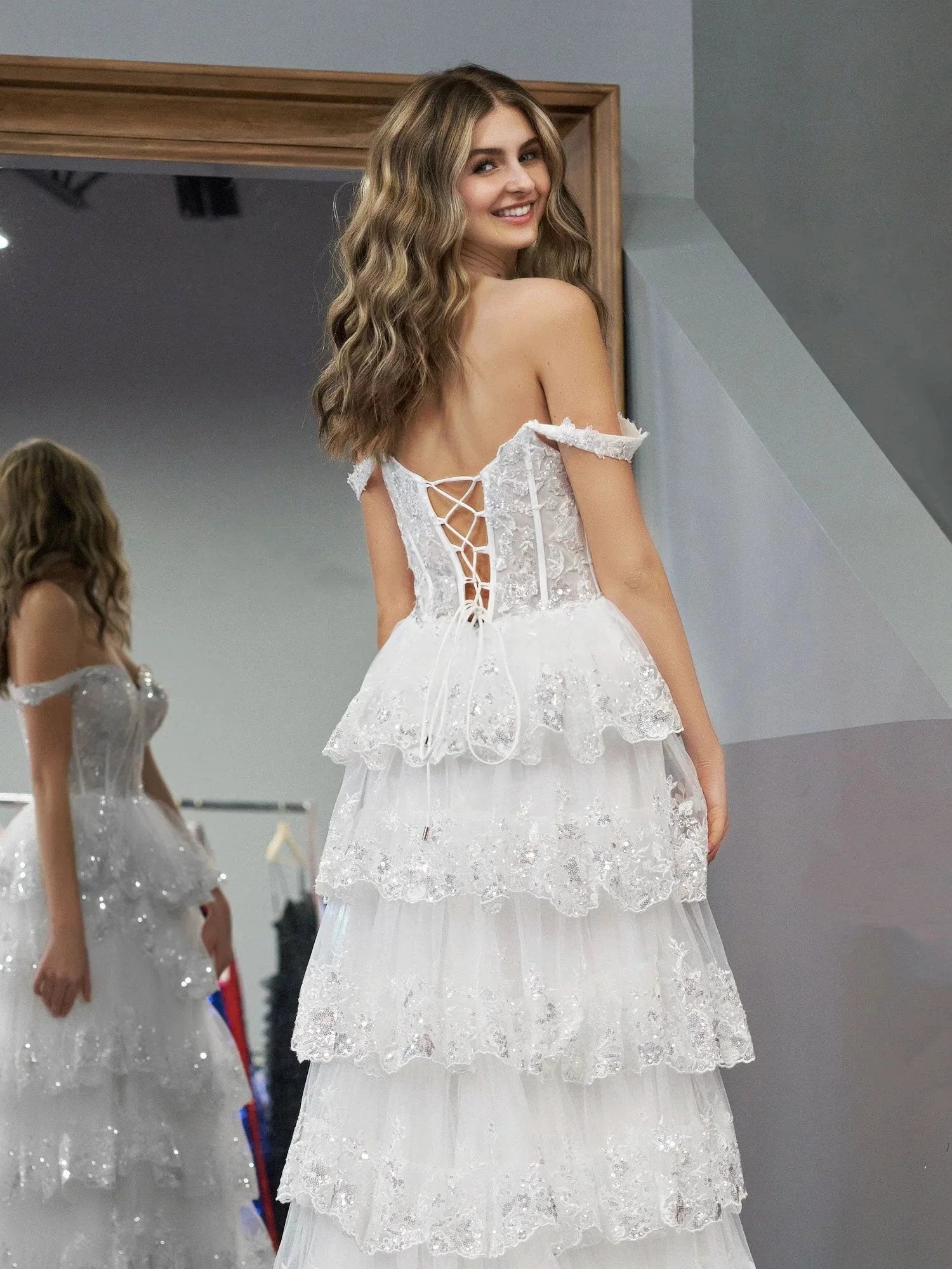 White Princess A Line Off the Shoulder White Corset Prom Dress with Lace Ruffles by KissProm