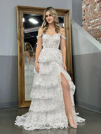 White Princess A Line Off the Shoulder White Corset Prom Dress with Lace Ruffles by KissProm