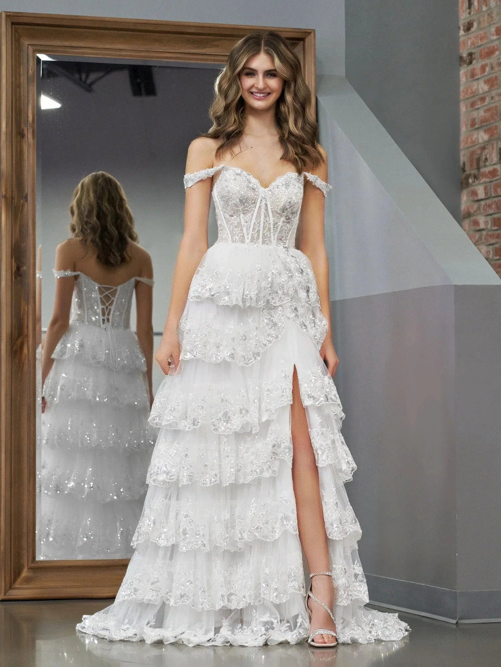 White Princess A Line Off the Shoulder White Corset Prom Dress with Lace Ruffles by KissProm