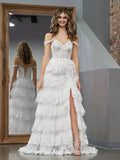 White Princess A Line Off the Shoulder White Corset Prom Dress with Lace Ruffles by KissProm