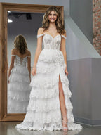 White Princess A Line Off the Shoulder White Corset Prom Dress with Lace Ruffles by KissProm